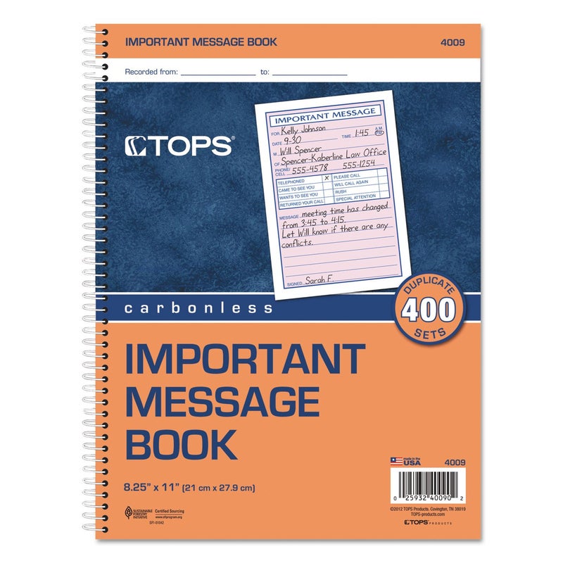 TOPS Phone Message Book, Spiral Bound, 2-Part, Carbonless, White and Canary, 4 Messages per Page, 400 Sets (4009) - Image 2